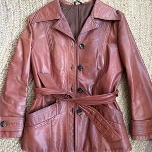 JOFAMA AB SWEDISH Cognac Belted Leather Jacket Size 38 VTG 70s Vibe